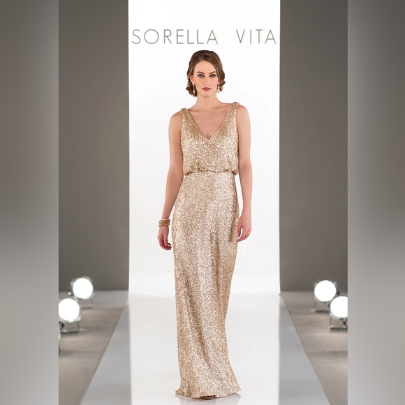 SORELLA VITA Plus Size Long Gold Sequinned Formal Gown With Straps. - Picture 2 of 6